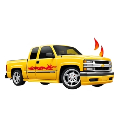 Yellow 1997 Chevrolet Silverado Crew Cab with prominent red flame graphics on the hood and front fenders, 30-degree angle, iconic Kill Bill truck, iOS emoji style sticker