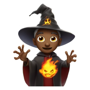 Human demonologist in a wizard costume, surrounded by a fiery halo, Halloween theme, emoji sticker