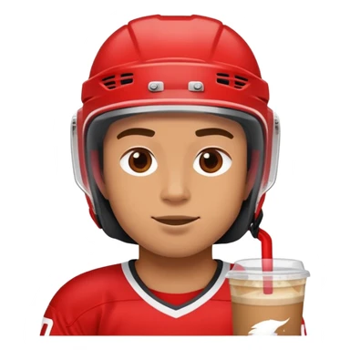 hockey player wearing red drinking an iced coffee wearing a helmet  sticker