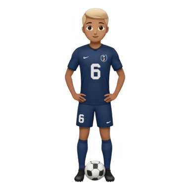 Apple emoji style 21 year old soccer player standing hands on waist, dark navy jersey #6, realistic lighting sticker