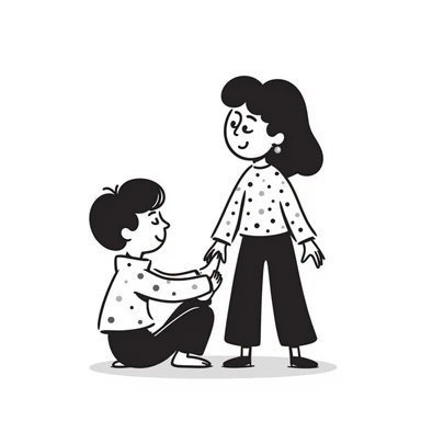 A girl smiling and standing near a little boy, he is on the floor laughing, she wiggling her toes between his thighs tickling him sticker