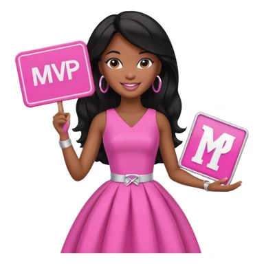 Black barbie, long black  hair, pink dress holding mvp sign  sticker