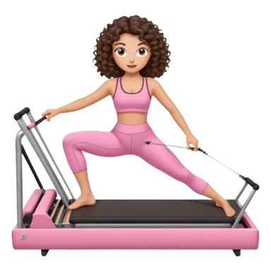 brunette,curly hair shoulder lenght,turkish,beautiful,with some eyelined eyes, 3b girl doing reformer pilates with pink pilates cutesy set,on reformer machine,making different moves. sticker