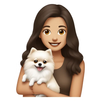 White and beige Pomeranian in the hands of a white young woman with dark brown hair smiling and cuddling the dog  sticker