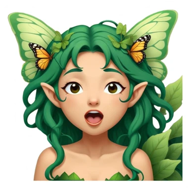 Cinematic Realistic Forest Fairy Portrait, head tilted slightly with a dramatic, wide-open yawn, revealing a tender, relaxed visage with finely detailed tanned skin and flowing, vine-adorned dark green hair gently framing her face. Her sleepy eyes exude a serene, dreamlike quality as soft natural sunlight filters through the canopy, showing her large butterfly wings from her back capturing the essence of a drowsy yet captivating forest drifting into peaceful slumber. sticker