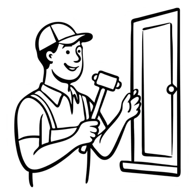 Window repair craftsman smiling while holding a small rubber mallet in his hand, looking at window he's fixing sticker