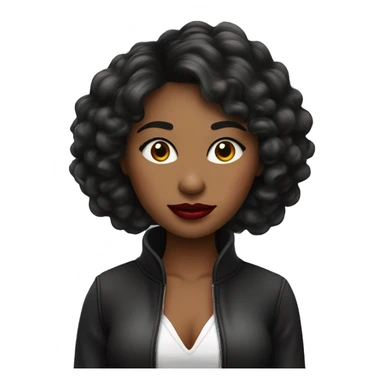 una chica de cabello negro corto lacio con labial rojo, ojos marrones y tiene una laptop sticker