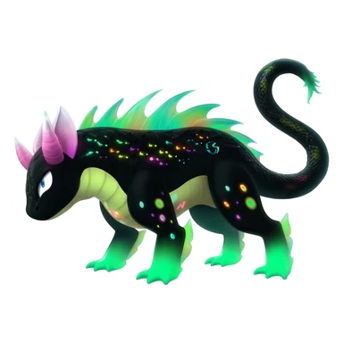 Rare realistic black-scaled neon-glowing bioluminescent edgy badass epic pretty beautiful handsome gorgeous aesthetic colorful vibrant Vernid-Trico-species-Fakemon-creature by LiLaiRa, 4 legs, 1 tail, random markings, (full body) sticker