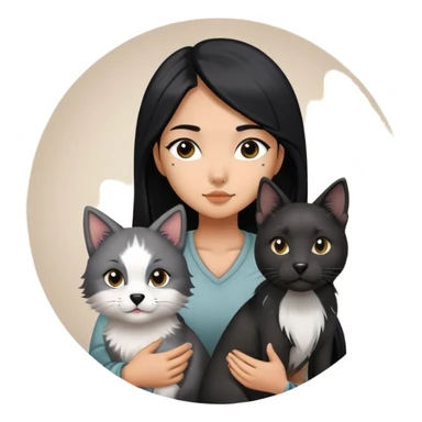 a Chinese girl with long black  straight hair and tattoos and A grey border collie dog and a black round faced cat sticker