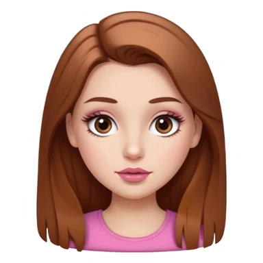 white girl with long brown hair with caramel highlights wearing a white top. Blush on the cheeks and big eyelashes and a brown-pink lip combo  sticker