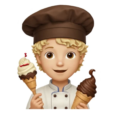 boy blonde curly hair, chef, eating chocolate ice cream sticker