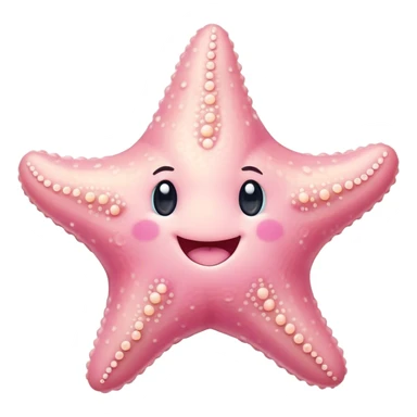 Cinematic cute round starfish, pastel pink, soft bumpy texture, tiny happy face, slightly tilted, glowing warmly, sparkling with gentle ocean magic. sticker