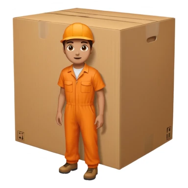 orange overalls carrying a large box sticker