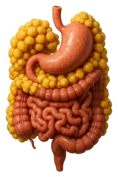 STOMACO E INTESTINO SONO VERTICALMENTE COLLEGATI E INTORNO A QUESTI ORGANI CI SONO CELLULE DI GRASSO GIALLE ATTACCATE SOPRA A GRAPPOLI, IPERREALISTICO 4K sticker