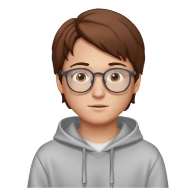 white boy with brown hair and eyes middle part glasses freckles and hoodie sticker