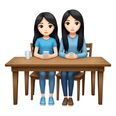 White girl full body sitting at table with black hair sticker