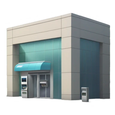 Small bank building with a modern design, glass entrance, and an ATM outside. The scene is set on a quiet street with a few parked cars nearby. sticker
