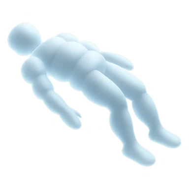 side view of unconscious person flying torso up, legs and arms down, made of small very bright white fluffy convex clouds, matte glass style sticker