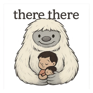 Make the child even smaller and have the Abominable Snowman facing forward, keep the background transparent and preserve the 'there there' text through the head. The style is a transparent background illustration with visible text 'there there' through the head. sticker