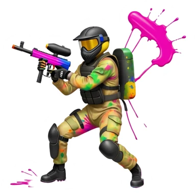 A dynamic scene of a player in action, holding a paintball gun and wearing protective gear. The background shows a vibrant paintball field with obstacles, colorful splatters of paint in the air, and an intense, competitive atmosphere. sticker