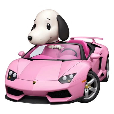 Snoopy in a Lamborghini, the Lamborghini is sideways and Snoopy isn't big, the Lamborghini is pink sticker