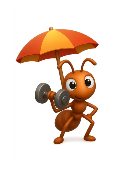 EMOJI STILE IPHONE 3D DI una formica che si allena sotto l'ombrellone in spiaggia con un manubrio da palestra in mano, fagli anche la parte bianca degli occhi, non solo la pupilla sticker