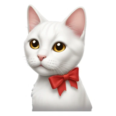 A white cat with black whiskers and a red bow on its right ear sticker