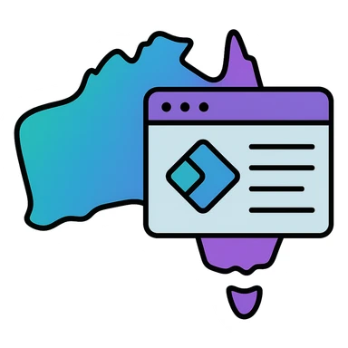 Add Microsoft Power Pages brand colors (blue, purple, teal) to the map of Australia with digital web page overlay, keep the modern and techy look, no text sticker