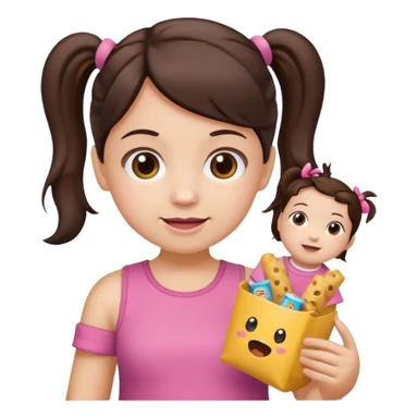 Toddler emoji with two pigtails dark brown hair, fair skin, in pink top, holding toddler snacks sticker