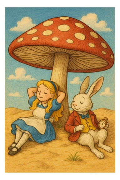 Alice and the White Rabbit lounging on sand beneath a large red-and-white mushroom parasol, storybook style, cheerful, detailed, blue sky sticker
