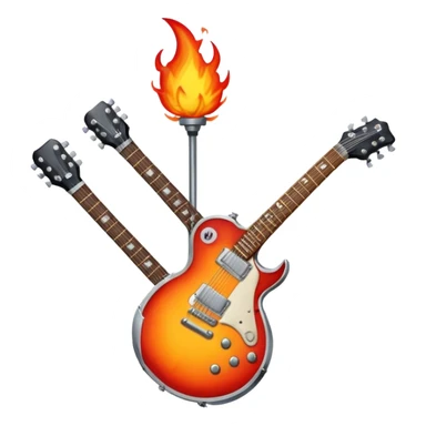 Create a bold and powerful emoji representing rock vocal performance in a humanless collage. The design should feature a vintage microphone at the center, surrounded by a heavy, aggressive hardcore electric guitar with sharp, jagged edges. Include crossed drumsticks behind the guitar, symbolizing the intense rhythm of rock music. Add fiery elements like flames or lightning bolts to enhance the raw energy of the design. Use dark, bold colors like black, red, and silver, with metallic or chrome accents to reflect the rebellious, hard-hitting nature of rock. The background should be transparent. sticker