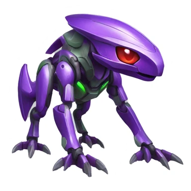a shiny purple-green-red Genesect-Raptor-Fakémon—hybrid with a futuristic visor-helmet full body sticker
