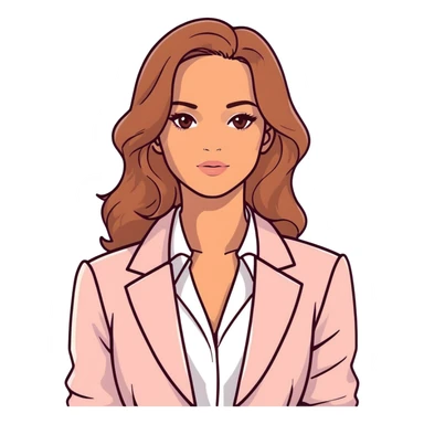 A 30-year-old woman with tanned skin, light brown long wavy hair, delicate face, almond-shaped eyes with smoky foxy eye makeup, brown eyes, wearing a light pink blazer and white satin cowl neck blouse with thin straps sticker