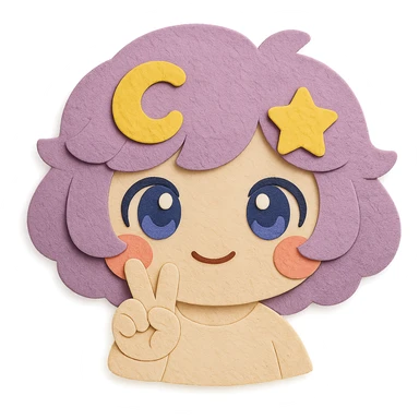 Create a super cute, soft, and adorable paper craft style headshot of Stella Puff (星星噗噗) with the exact same hair color, hair shape, yellow star swirl, and all hairstyle features. The character is making a peace sign with her hand near her face, has big sparkling blue-violet eyes, coral pink blush, and a soft kawaii expression. Use clean lines and transparent background. sticker