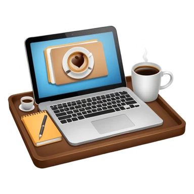Laptop on the rectangular brown coffee tray, coffee and notebook sticker