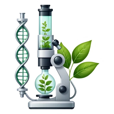 An icon featuring a microscope, a DNA strand, and plant leaves, symbolizing biology. The design includes cells, a test tube with a plant sample, representing life sciences, ecosystems, and the study of organisms. Transparent background highlights the exploration of living systems. sticker