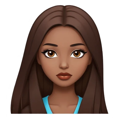 pretty baddie model, brown straight hair, cute lips, pale skin, long hair, dark brown eyes, bold black eyeliner sticker