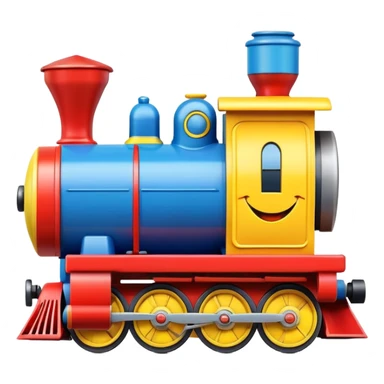 A colorful toy train engine with a big happy smiling face on the front sticker