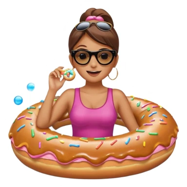 A woman riding a donut float, with bubbles popping all around her sticker