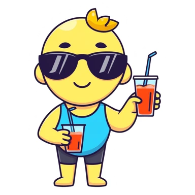 hand with sunglasses, holding fruit juice, on a sunny beach sticker