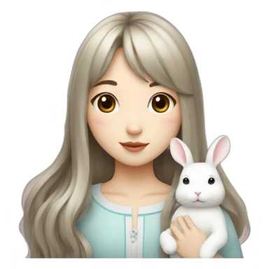 korean girl with long hair bangs holding white rabbit sticker