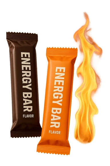 due barrette energetiche confezionate fluttuano in aria insieme ad una fiamma iperrealistici sticker