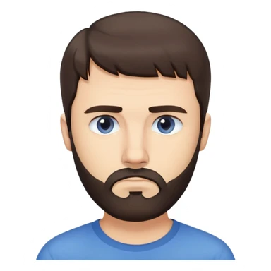 Caucasian man with straight dark brown hair styled loose with fringe, short full beard, neutral serious expression, simple blue shirt sticker
