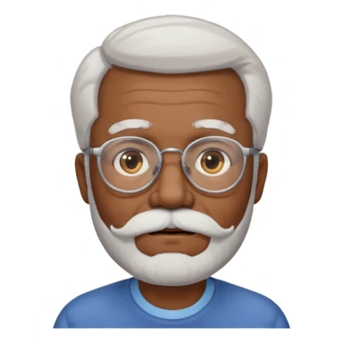 An elderly man emoji with medium-dark skin tone, white hair on the sides, glasses, light eyebrows, and a light white mustache and beard. sticker