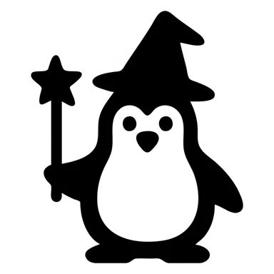 A penguin wizard with a pointy hat and a magic wand sticker