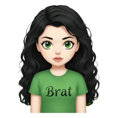 current charli xcx with here long black wavy hair, thich black sungrasses, pale skin, and a green baby tee that said brat in the brat font. sticker