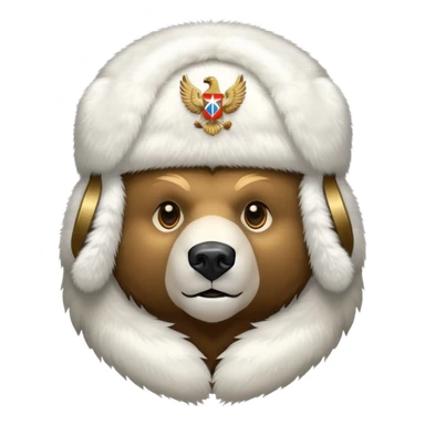 Bear head only in white fur ushanka hat with accurate Russian Federation eagle emblem clearly visible in center, iOS emoji style sticker