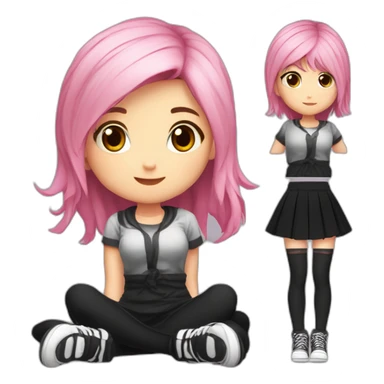 Full body Front view curvy emo girl pink hair sits on the floor straight view hands up black skirt белые трусики рваные полосатые чулки sticker