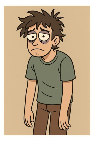 a person with messy hair and wide, sleepless eyes, casual clothes, showing exhaustion, illustrated sticker