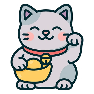 cute chubby maneki-neko cat with raised left paw holding a Chinese gold ingot (yuanbao), thin clean outlines, soft rounded shapes, pastel palette #98B5BC, #B5B3C1, #C9A3C9, #E4C0CA, #F7DCD1, #F7C0AA, modern Japanese pop art and sticker aesthetic, detailed shadows and highlights, soft lighting, transparent background sticker